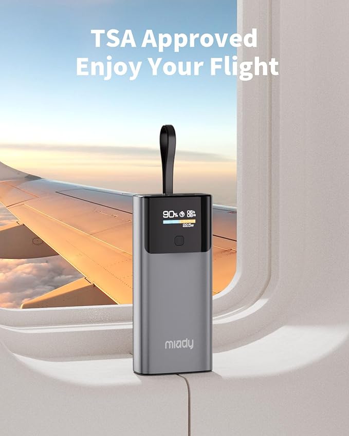Miady Portable Charger, PD 35W Fast Charging Small Power Bank has Smart Digital Display Screen, 10000mAh Battery Pack Built-in USB-C Cable Compatible with iPhone 16/15 Galaxy S24/S22 Android and More