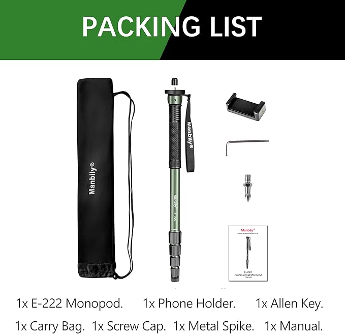 Manbily 65-Inch Camera Monopod, 5 Sections Aluminum Travel Monopod for Canon Nikon Sony DSLR Cameras Video Camcorder, Compact Portable Lightweight(E-222) (Green)