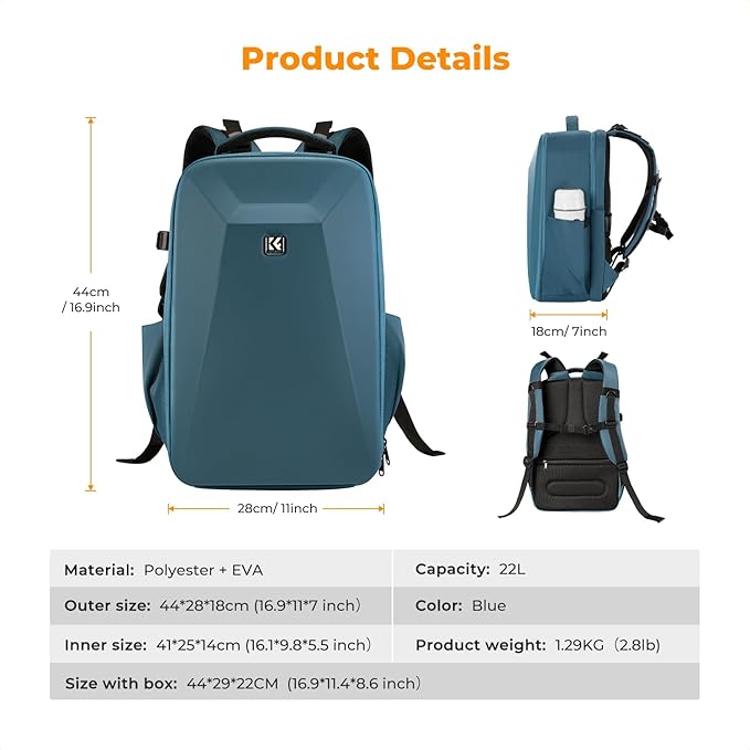 K&F Concept Camera Backpack,Hardshell Photography DSLR Camera Bag with 15-15.6 Inch Laptop Compartment Waterproof Hard Shell Camera Case Compatible with Canon/Nikon/Sony/DJI Mavic Drone