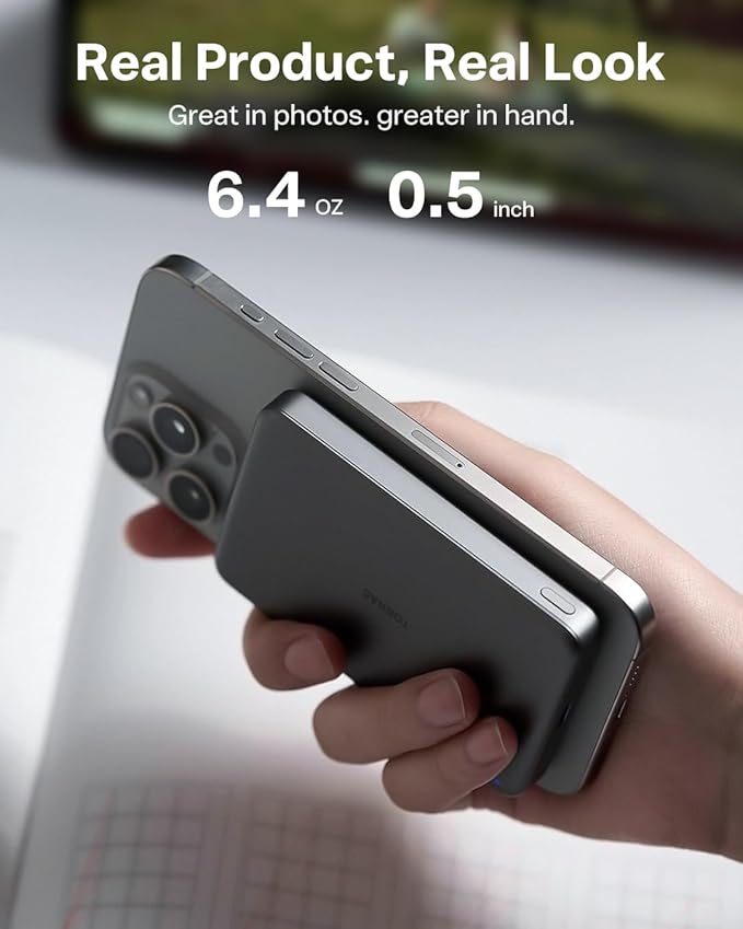 TORRAS MiniMag Power Bank,Ultra-Slim 10,000mAh Magnetic Wireless Portable Charger, 22.5W Fast Charging iPhone Air Magnetic Battery Pack Designed for iPhone 17 Pro Max/17 Pro/Air/16/15/14/13/12, Gray