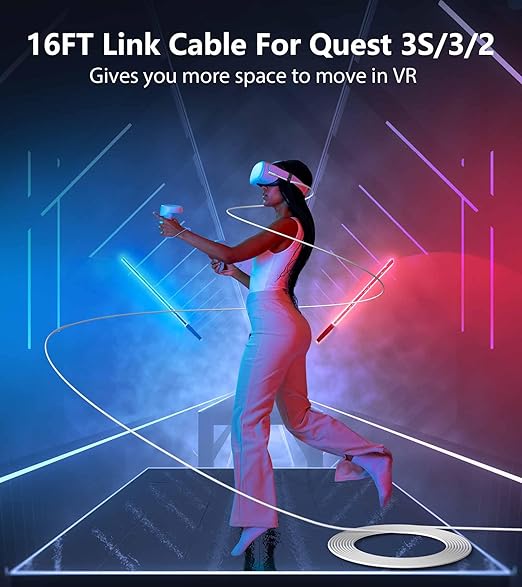 YRXVW Link Cable 16FT Compatible with Meta/Oculus Quest 3S, Quest 3, Quest 2/Pro, PICO 4 Accessories VR Headsets, Charging Cord and High Speed Data Wire, Charging Cable for Steam Gaming PC (16FT)