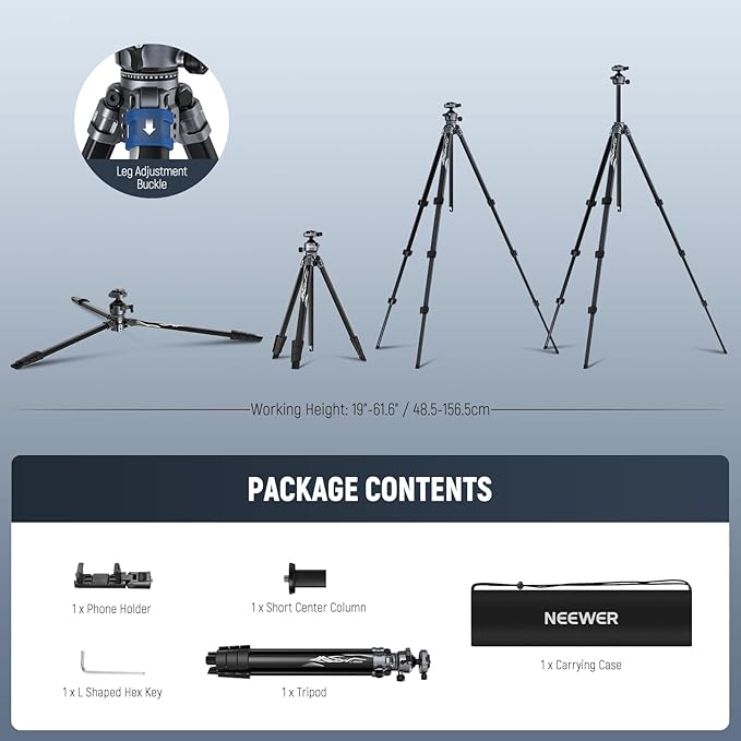 NEEWER LITETRIP LT07 61" Aluminum Travel Tripod for Camera w Pan Tilt Low Profile Ball Head, Arca QR Plate Compatible with Peak Design Tripod Plate V3, Dual Center Axis, Phone Holder, Max Load 22lb