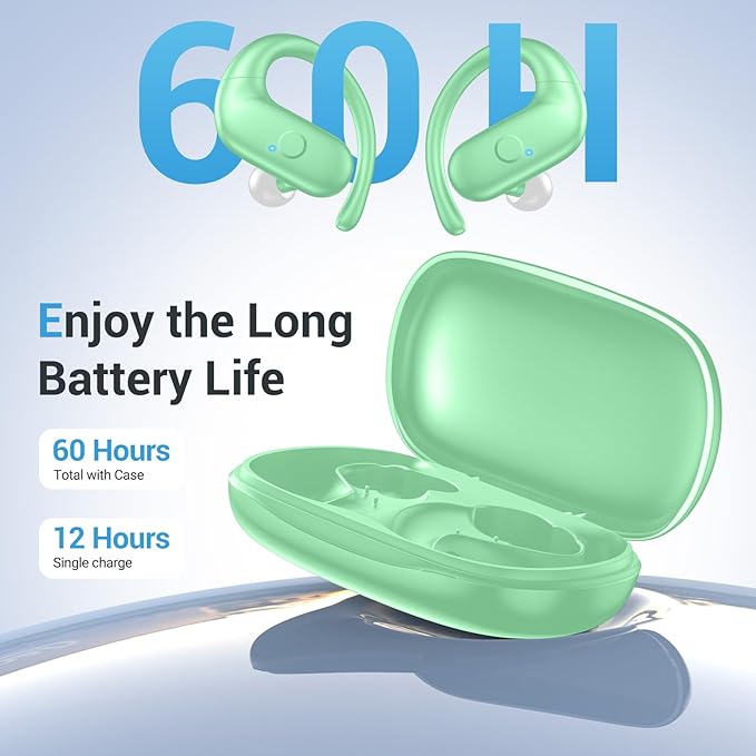 for Wireless Earbuds,Sport Bluetooth 5.4 Headphones,Over Ear Buds with Deep Bass Sound,60H Playtime Clear Calls Earphones Redesigned Comfort Fit with Earhooks for Running,Meeting,Workout-Green