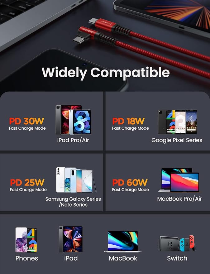 AINOPE USB C Cable 60W 2-Pack 3.3ft Nylon Braided USB C to USB C Cable Type C Charger Fast Charging Right Angle USBC Cable Charger Cord for iPhone 16 Pro Max 15 Plus Samsung S24 S23 iPad Pro Red