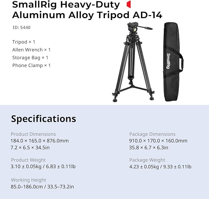 SMALLRIG 73''/186cm Heavy Duty Aluminum Alloy Video Tripod, Max Load 8kg (18lbs), Fluid Head with +85° to -78 Tilt Range, Compact Travel Tripod Weight 3.1kg(6.8lbs), Folded Height 88cm, AD-14-5440
