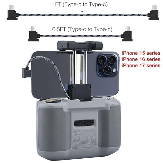 1FT+ 0.5FT(2 pack) USB C to USB C Remote Controller Cable for IPhone 17/16/16e/15 Pro Max, DJI Mavic 3/4 Pro/Air 2/2S, Mini 2/3/4/5 Pro,RC-N1,RC Pro to Tablet Cable 90 Degree Data OTG Cord Accessories