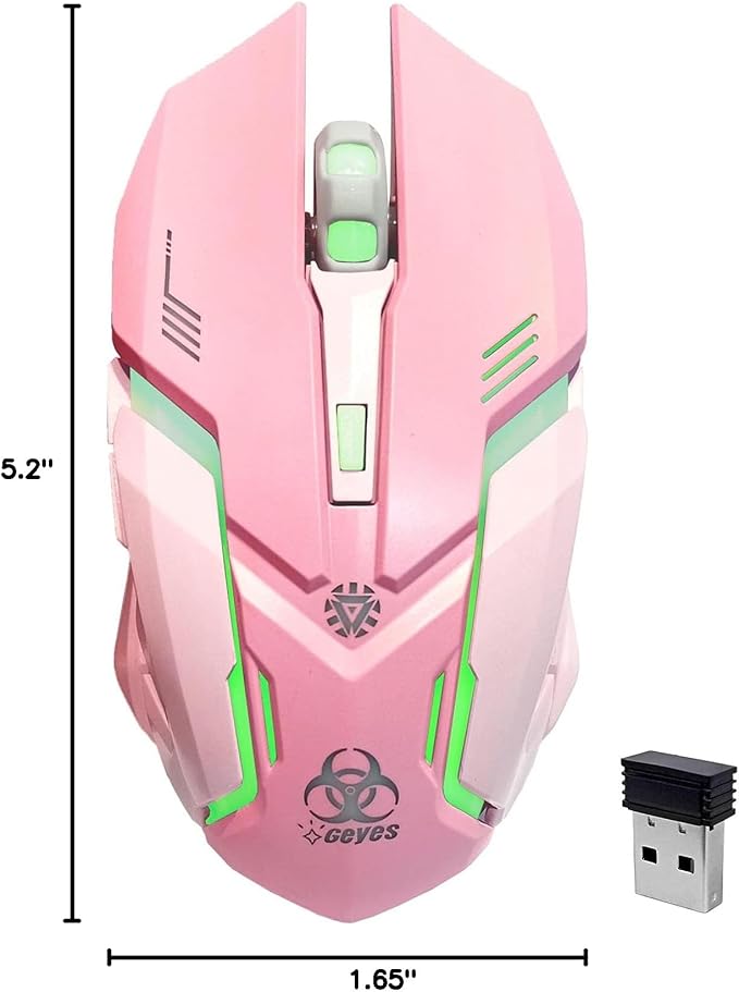 VEGCOO Pink Wireless Gaming Mouse, Silent Click Wireless Mouse with Colorful RGB LED Lights, Rechargeable Computer Mice with Side Buttons and 3 Level DPI, for Laptop and Desktop