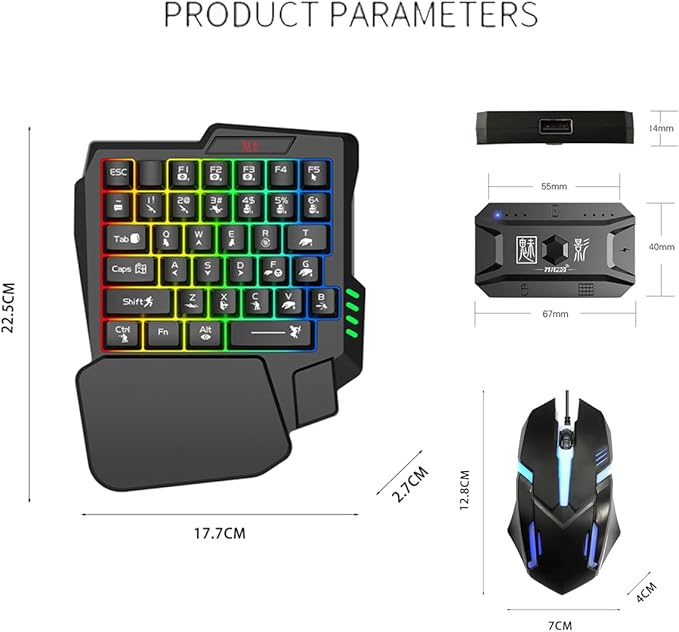 One Handed Gaming Keyboard and Mouse Combo, with Gaming Mouse Converter, Rainbow Backlit 25 Keys Portable Small Mechanical Feel Keyboard Support Customize Button, for Android, PC Gamer