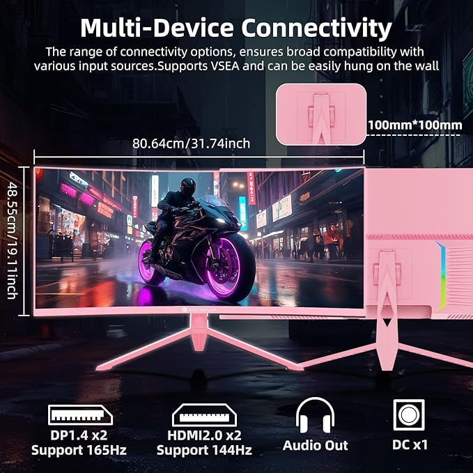 Pink 34 Inch Curved Gaming Monitor 4K, 3440x1440 165Hz Ultrawide Computer Monitor, 1500R -Pip 1ms(Mprt) HDR400 125% sRGB, Dci-P3 92%, HDMI/DP, Port, Suitable for Games and Office Work
