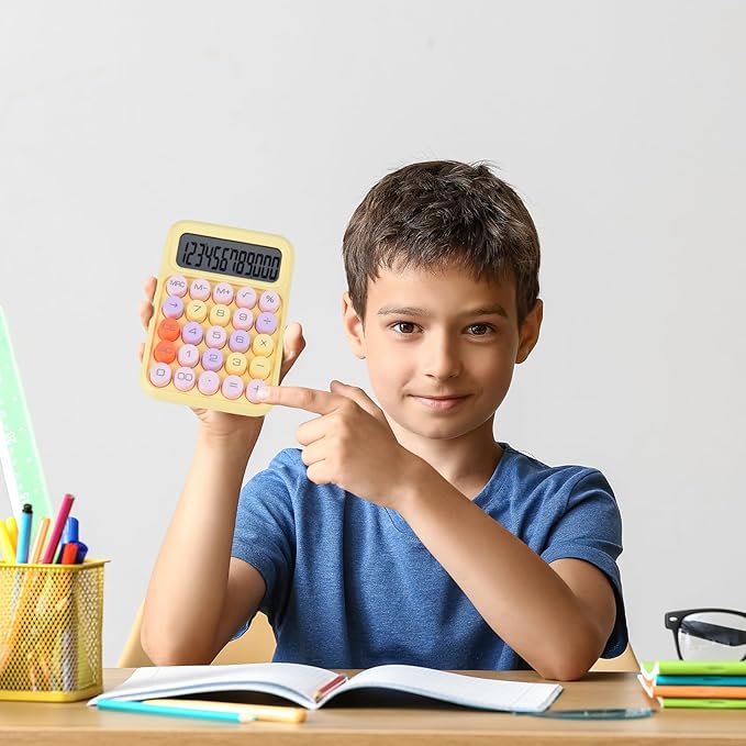 Mechanical Pushbutton Calculator,12 Digit Large LCD Display,Big Buttons Easy to Press,Colorful Candy Calculator,Automatic Sleep,with Battery.for Office,School, Home. (Yellow)