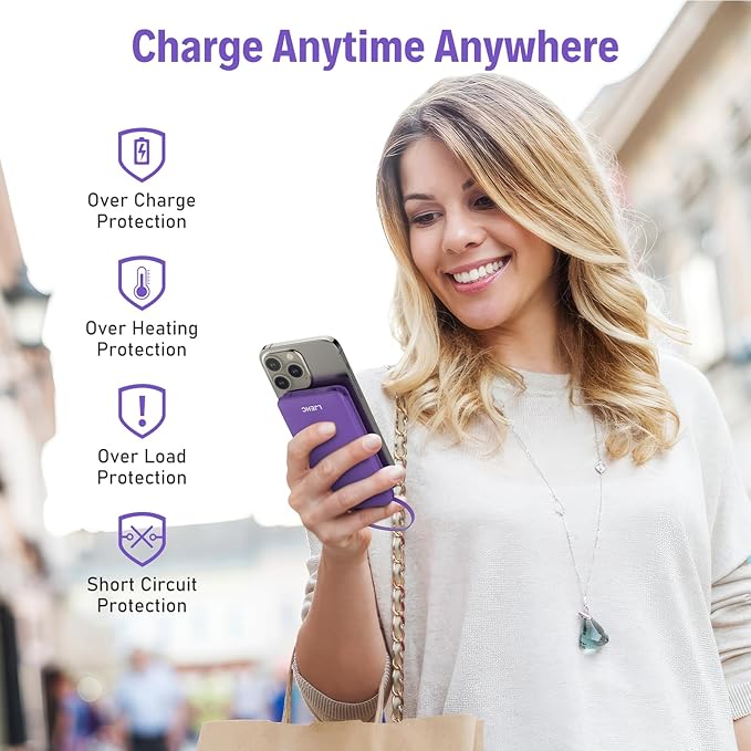 10000mAh Slim Power Bank with Built in Cable,Thin Lightweight Portable Phone Charger,4 Output USB C Travel Essentials External Battery Pack Clutch Charger for iPhone,Samsung,Android,Heated Vest,Purple