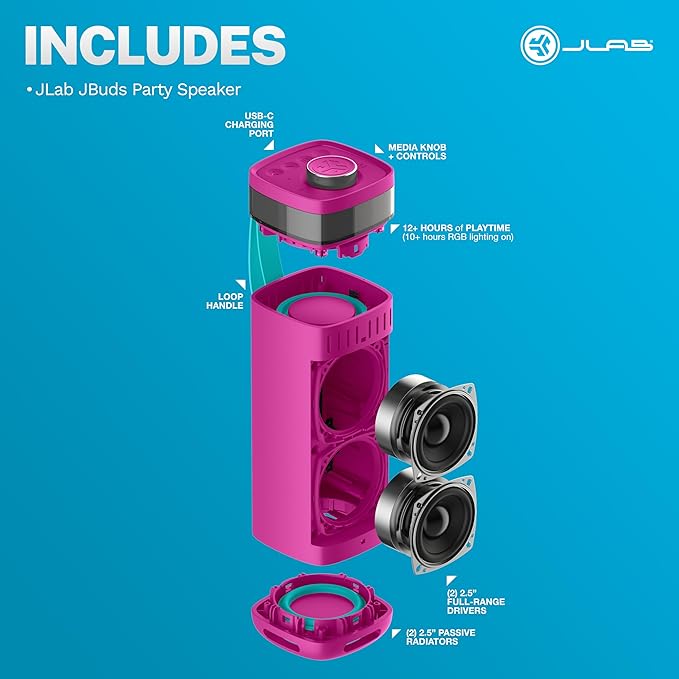 JLab JBuds Party Portable Bluetooth Speaker, 2 Full-Range Drivers + 2 Passive Woofers, IP56 Waterproof, 12 Hours Playtime, Connect Multiple Speakers, Custom Sound + RGB Lighting via App, Pink