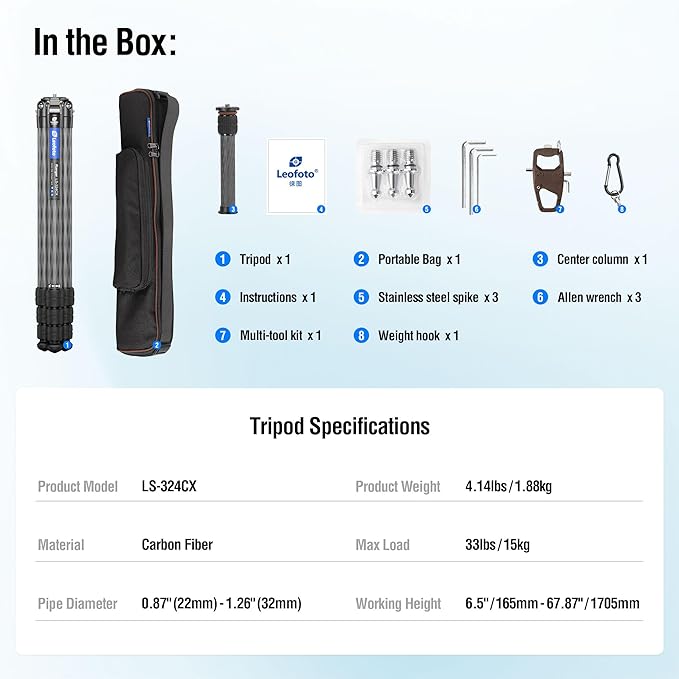 Carbon Fiber Lightweight Travel Tripod, 68" Professional Video Tripod for Mirrorless Camera/DSLR with Carry Bag, Max Load 33.07lb