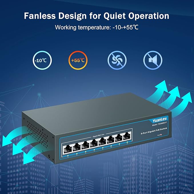 YuanLey 8 Port Gigabit PoE Switch, 8 PoE+ Ports 1000Mbps, 120W 802.3af/at, Metal Fanless Unmanaged Plug and Play