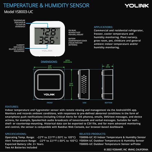 YoLink Smart Wireless Temperature & Humidity Sensor, Wide Temp Range for Fridge, Green House, Pet Cage, App Alerts, Emails, Text/SMS alerts- Hub Required