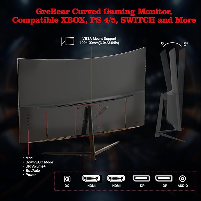 27 Inch Gaming Monitor Curved 1440P 180HZ 2K, Professional PC Display QHD 2560x1440p Home Office Computer Screen, HDMI, DP, AdaptiveSync, 1500R, Tilt Adjustable, Build-in Speaker, 100x100mm VESA