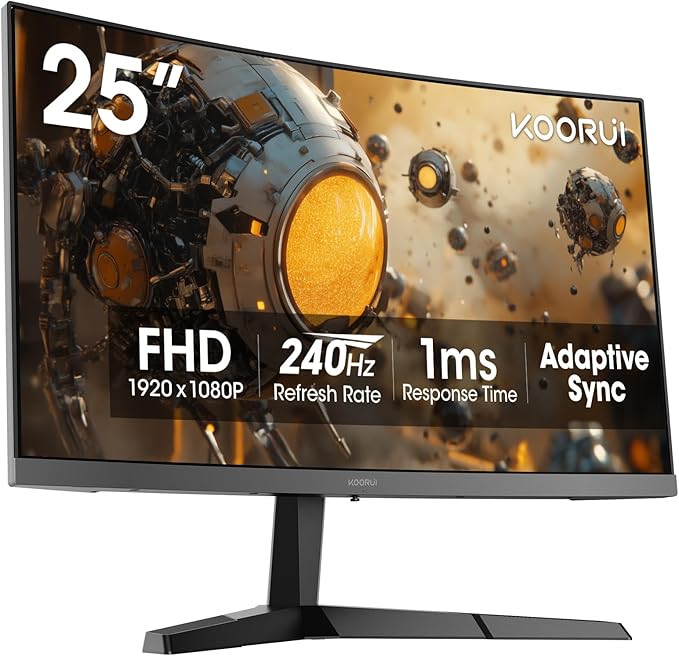 KOORUI 25 Inch Curved Gaming Monitor 240Hz FHD 1080P Computer Monitor, 1500R 1ms GTG Display, Adaptive Sync, 90% DCI-P3,HDR, Eye Care, Tilt Adjustable, VESA 75x75mm, Black,G2511XC