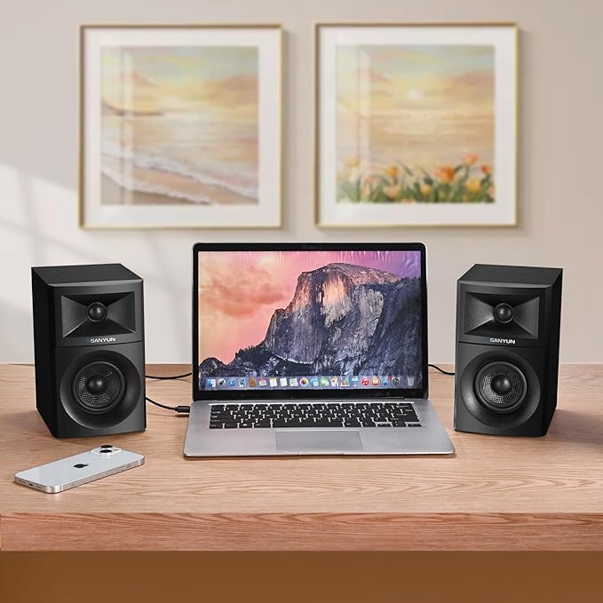 Sanyun SW203 4.0 Computer Speakers - 60W 4-Way DSP Control 3D Immersive Sound - 3" Carbon Fiber Woofer & 20mm Silk Dome Tweeter - 24bit DAC USB/Bluetooth 5.4/AUX - Studio-Grade Audio (Pair, Black)