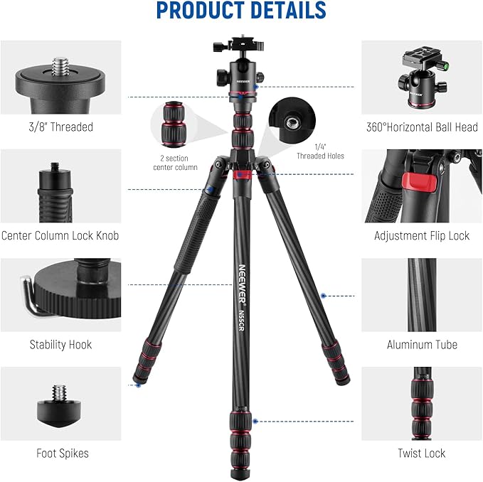 NEEWER Upgraded 80.7" Carbon Fiber Camera Tripod Monopod with Telescopic 2 Section Center Axes, 360° Panorama Ballhead, 1/4" Arca Type QR Plate, Travel Tripod with ø28mm Column, Max Load 26.5lb, N55CR