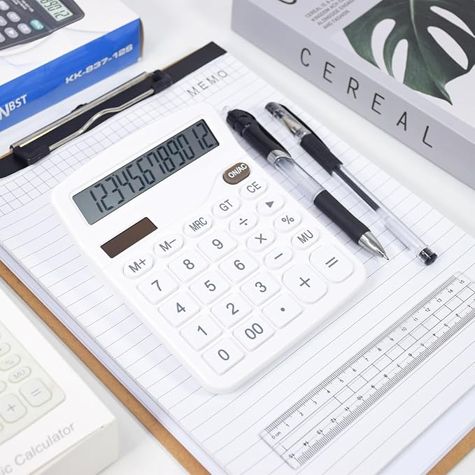 Marte Vanci 12 Digits Calculator with Large LCD Display, Desktop Basic Calculator with Big Buttons, Solar Power and AA Battery, for Office, Home, School(White)