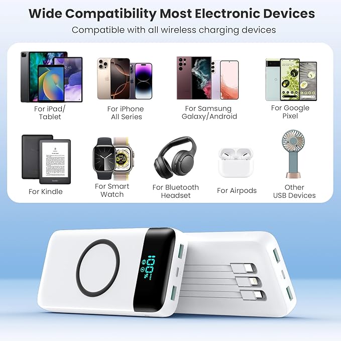Wireless Portable Charger 40800mAh for iPhone with 3 Built-in Cables,7-in-1 15W Wireless Charging USB C Power Bank,LCD Display 25W PD QC 4.0 Fast Charging Battery Pack for iPhone 16/15/14/13/12 -White