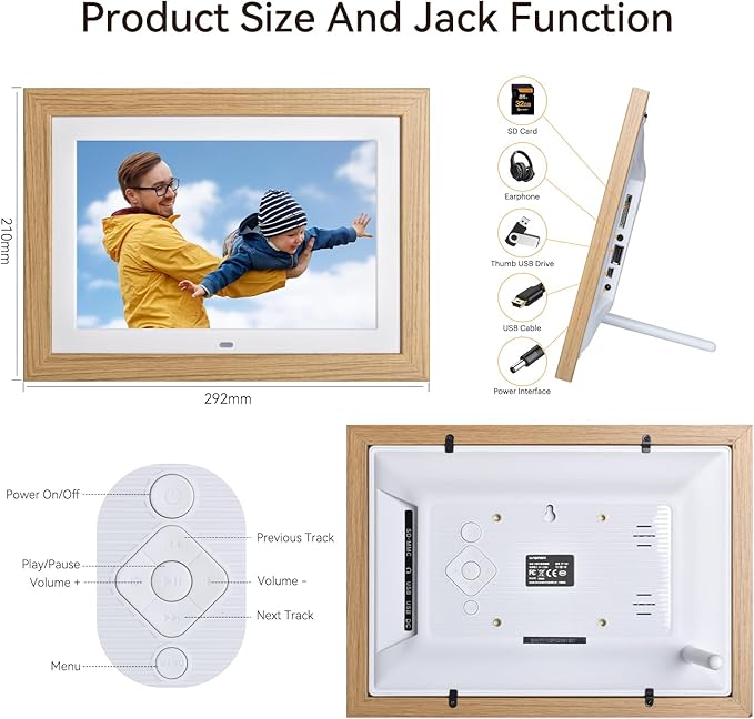 10.1" Digital Picture Frame with Remote Control, 1280 * 800 IPS Full View Ultra Clear Screen, Removable Wooden Frame, Share Videos Photos Send Wishes Auto-Rotate Slideshow Non-WiFi