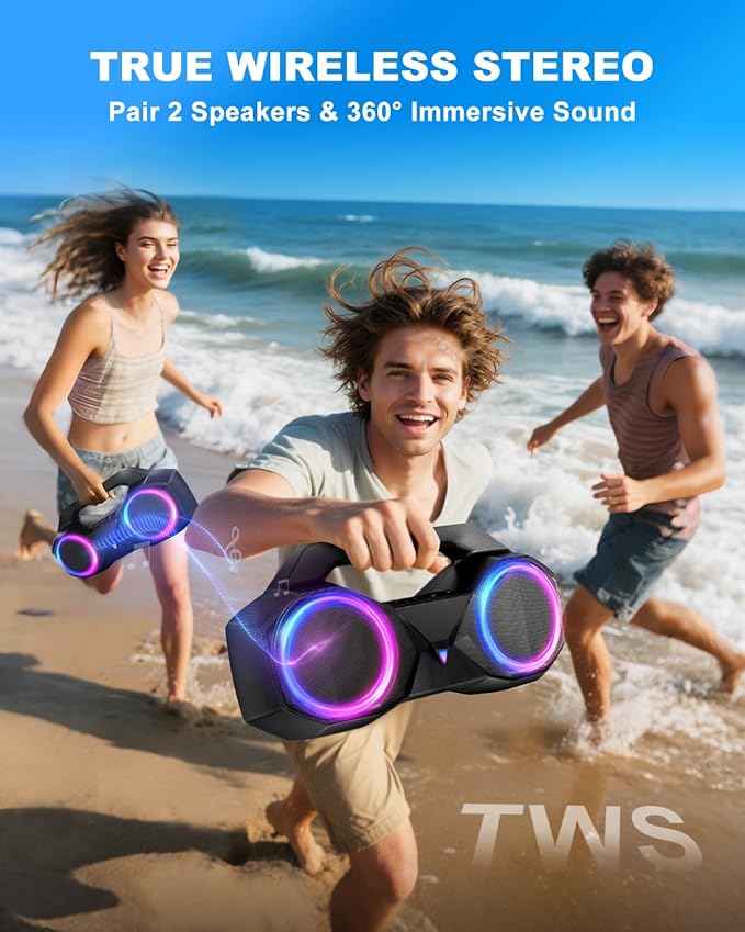 Bluetooth Speaker 80W(Peak)Loud with Bass, 20H Playtime, IPX7 Waterproof, RGB Lights, TWS, Large Portable Wireless Speakers for Outdoor, Home, Party, Pool, Beach, Tailgating, Gym, Work, Gifts (Black)