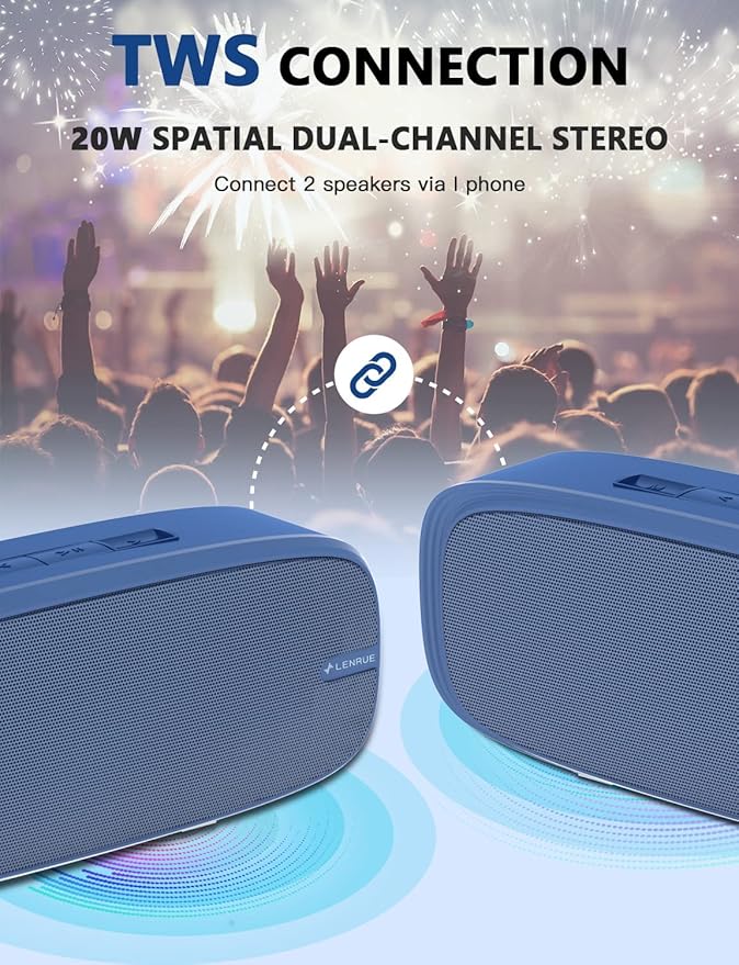 LENRUE Bluetooth Speaker, Wireless Portable Speaker with Loud Stereo Sound, Rich Bass, 12-Hour Playtime, Built-in Mic. Perfect for iPhone, Samsung and More (Blue)