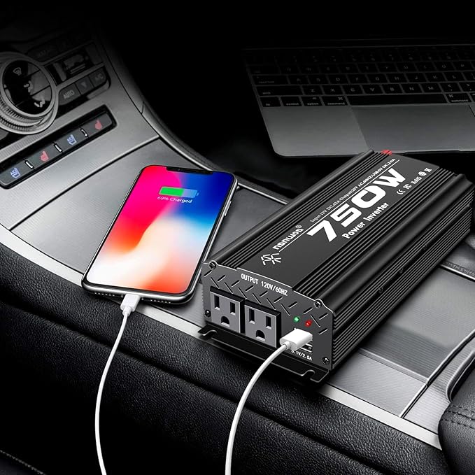750W Black Car Power Inverter, 12V to 110V/120V, 2 AC Outlets, 2 USB Ports, Battery Clamps, Ideal for Vehicles, Trucks, Camping