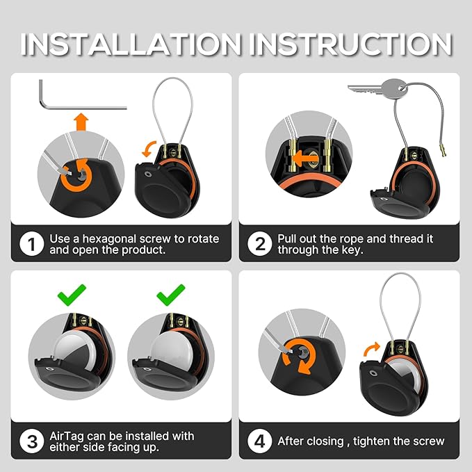 Waterproof AirTag Keychain Holder - (4 Pack) Air tag Lock Case with Wire Cable Compatible with Apple AirTags, Ultra Durable Anti-Lost Protective Case with Keyring for Luggage, Backpack, Black/Grey