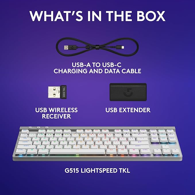 Logitech G515 Lightspeed TKL Low Profile Wireless Gaming Keyboard, LIGHTSYNC RGB, Thin Tenkeyless Design, Double-Shot PBT Keycaps, Linear (Red) Mechanical Switches - White