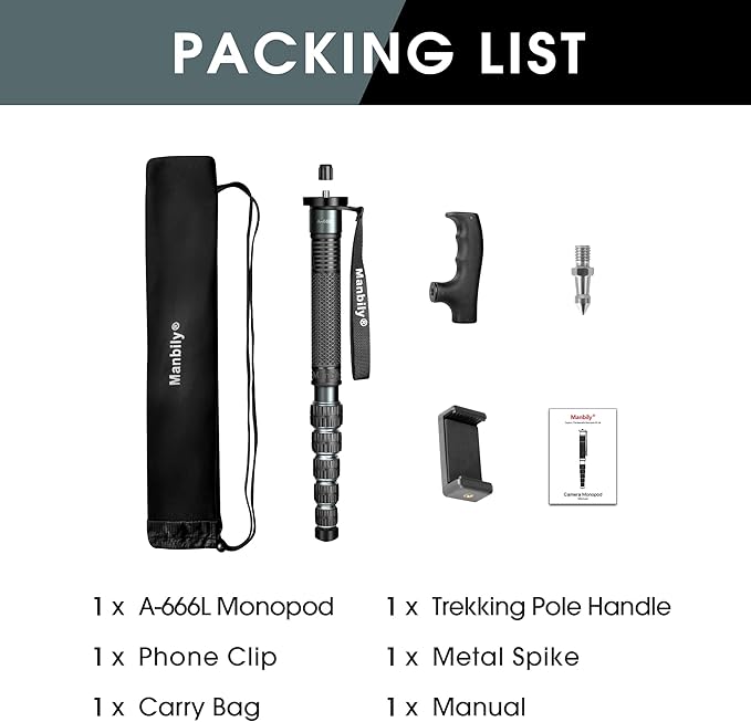 Manbily A-666L Camera Monopod - 32mm Aluminum Tube With Walking Stick Handle for DSLR Cameras Canon Sony Nikon - 69" Travel Monopod, 33 lbs/15kg Payload