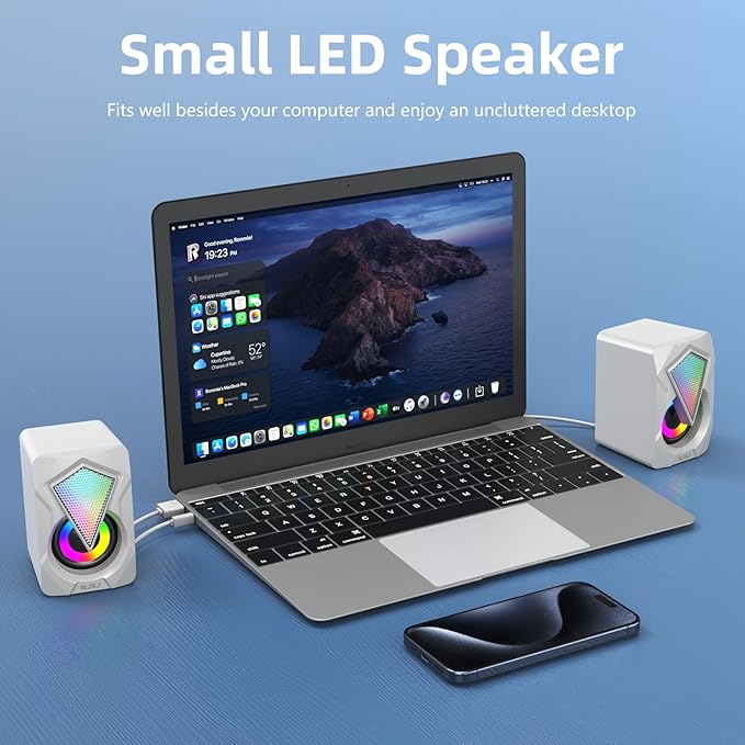 NJSJ Computer Speakers for Desktop, USB-Powered Stereo 2.0 PC Speakers, Portable Small Speaker for Laptop Monitor with 3.5mm Aux Input, Colorful LED Lights - White