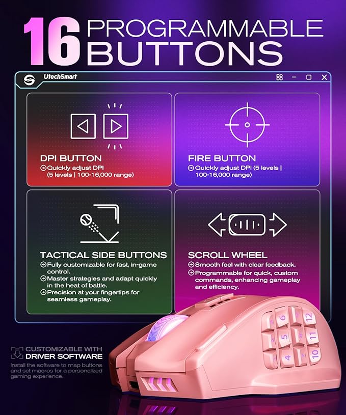 UtechSmart Venus Pro Wireless MMO Gaming Mouse, 16,000 DPI Optical Sensor, Wired/Wireless Dual Modes, 16M Chroma RGB Lighting, 16 Programmable Buttons, Ergonomic Design, Up to 70H, Pink