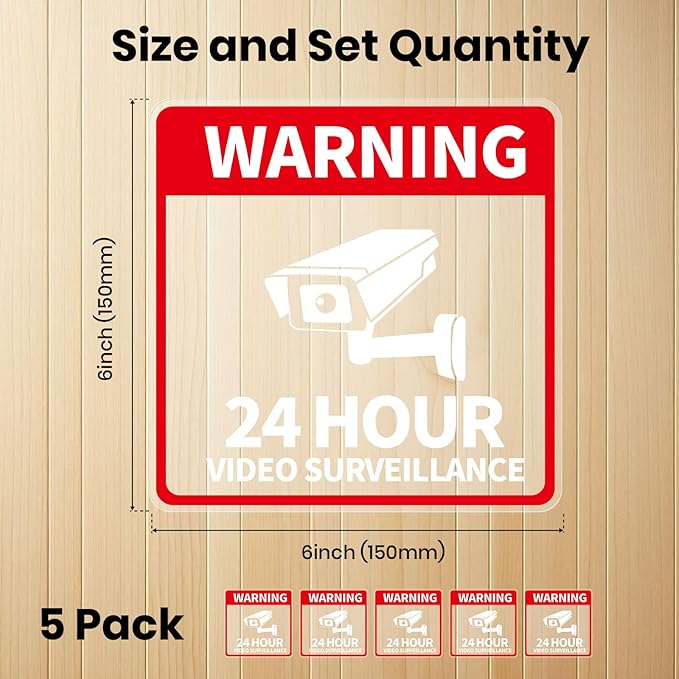 Video Surveillance Sticker Vinyl 6 x 6 Inch 24 Hour CCTV Camera Warning Security Decal for Window Door Business 5 Pack
