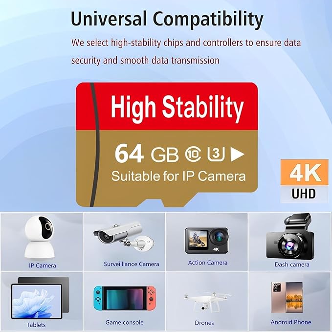 Memory Card, Micro TF Card U3 V30 4K UHD High Stability for Camera/Dash cam/Drone with Adapter (2 Packs) (64, GB)