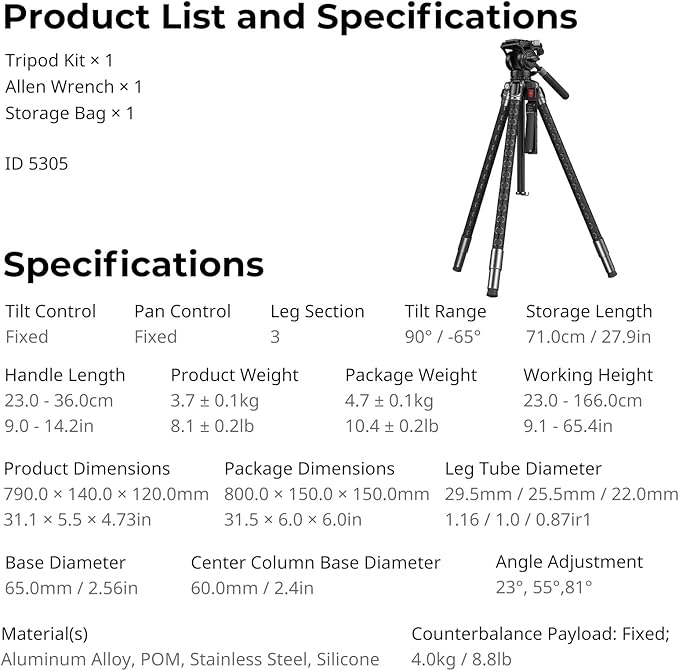 SMALLRIG x Potato Jet TRIBEX SE Hydraulic Aluminum Camera Tripod, with Video Fluid Head, 6kg/13.2lb Load, Max Height 166cm, Professional Video Tripod for Interviews/Wedding/Landscape - 5305