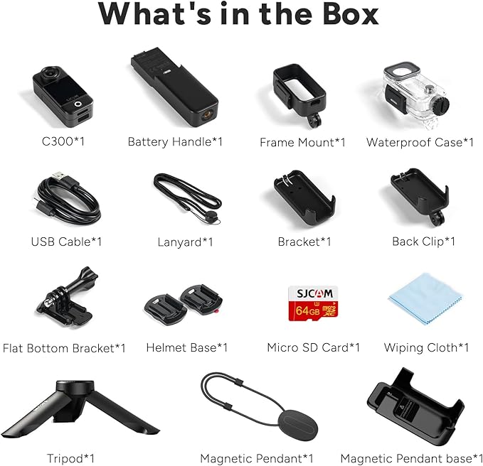 SJCAM C300 Vlogging Combo, 4K Pocket Action Camera,7Hour Power,6-Axis Stabilization,Dual-Touch Screen 154° Wide FOV Video Body Camera,Waterproof,Live Streaming,with Accessories Kits,64G Card,Black