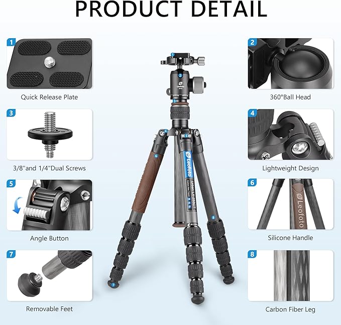 Carbon Fiber Lightweight Travel Tripod with 360° Ball Head, Reverse Folding, Removable Center Column, Folded Height 36cm, Maximum Load 8KG