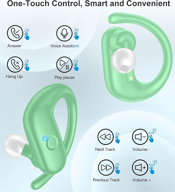 MOZOTER Wireless Earbuds Bluetooth Headphones Sport,Over Ear Buds with Deep Bass Sound,60Hrs Playtime Earphones Redesigned Comfort Fit with Earhooks for Running,Meeting,Workout- Green
