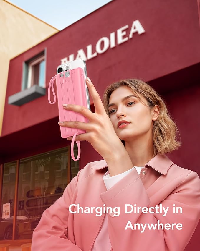 VRURC Portable Charger Power Bank, 10000mAh Travel Essentials Battery Pack, 5 Outputs 2 Inputs Slim Charging Bank Built-in Cables Cords Wires Compatible with iPhone,Samsung,Android-Barbie Pink(1 Pack)