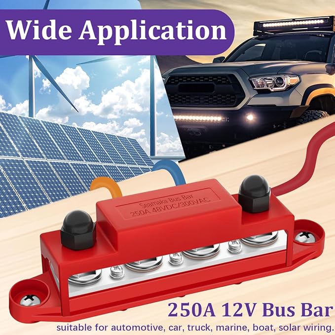 250A 12V Bus Bar Marine Power Distribution Block with Cover with 4 x 3/8”Post 6 x #8 Screws Terminals,Battery Bus Bar (Pair, Red & Black),Automotive Busbars 12 Volt for Car Boat Solar Wiring