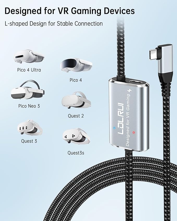 LDLrui Link Cable 16FT with 45W Charging & 5Gbps,Braided USB3.0 to USB C Charger Cord for Meta Quest 3S/Oculus Quest 3.Quest 2/Pro/Pico4 and PC/Steam VR,VR Headset Accessories,with Fixed Clip
