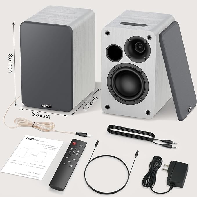 Saiyin Powered Bookshelf Speakers, 60W Record Player Speakers with 3.5 Inch Woofer, Bluetooth 5.0 Stereo Speakers with Optical/AUX/TV-ARC Connection for Gaming Monitor, Turntable, PC, TV