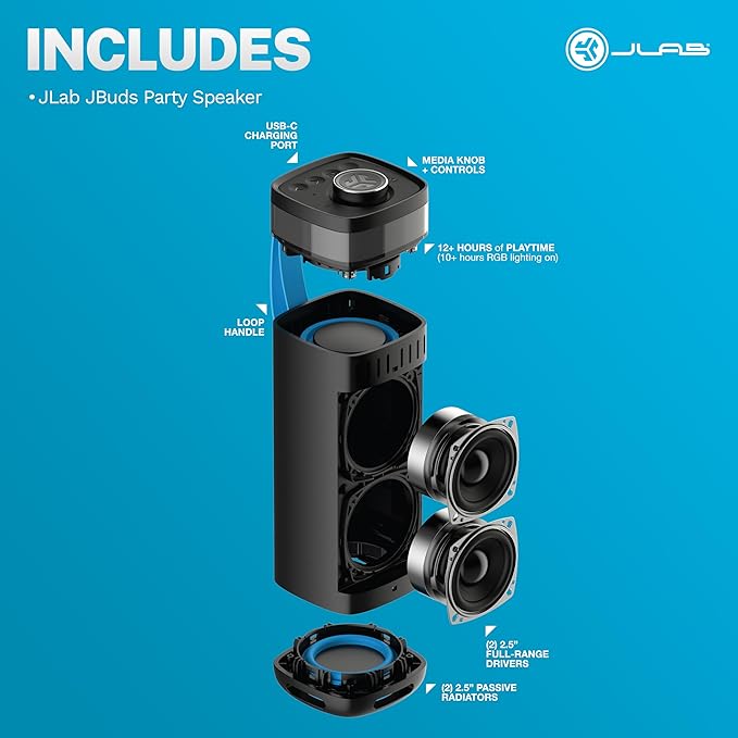 JLab JBuds Party Portable Bluetooth Speaker, 2 Full-Range Drivers + 2 Passive Woofers, IP56 Waterproof, 12 Hours Playtime, Connect Multiple Speakers, Custom Sound + RGB Lighting via App, Black
