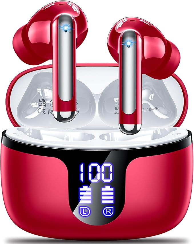 S48 wireless earbuds red Headphones bluetooth 5.4 42h Duration Playback for running/fitness/office use. Equipped with 4 noise cancelling microphones, IPX7 waterproof and LDE battery display screen