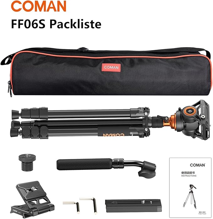 COMAN Camera Tripod with Fluid Head, 70.8" Detachable Compact Tripod with Monopod Aluminium Alloy and Quick Release Plate for DJI Canon Nikon Sony DSLR Camera Black Max Load 17.6lb