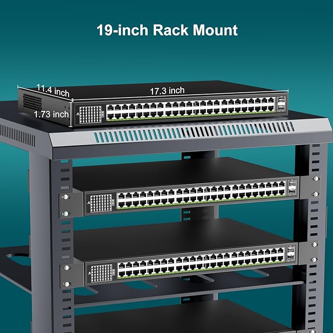 48-Port Gigabit PoE Switch Unmanaged with 2X 1000Mbps Uplink SFP Port, VIMIN 50-Port PoE Ethernet Switch Support IEEE802.3af/at, 400W Power, 100Gbps Switch Capacity,Plug and Play, Rack-Mount