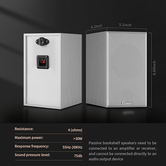 30W*2 Passive Bookshelf Speakers for Record Players and Home Theater Systems, Midrange and High-Frequency Stereo Speakers, Indoor Rear Surround Speakers, Requires a Receiver or Amplifier,White