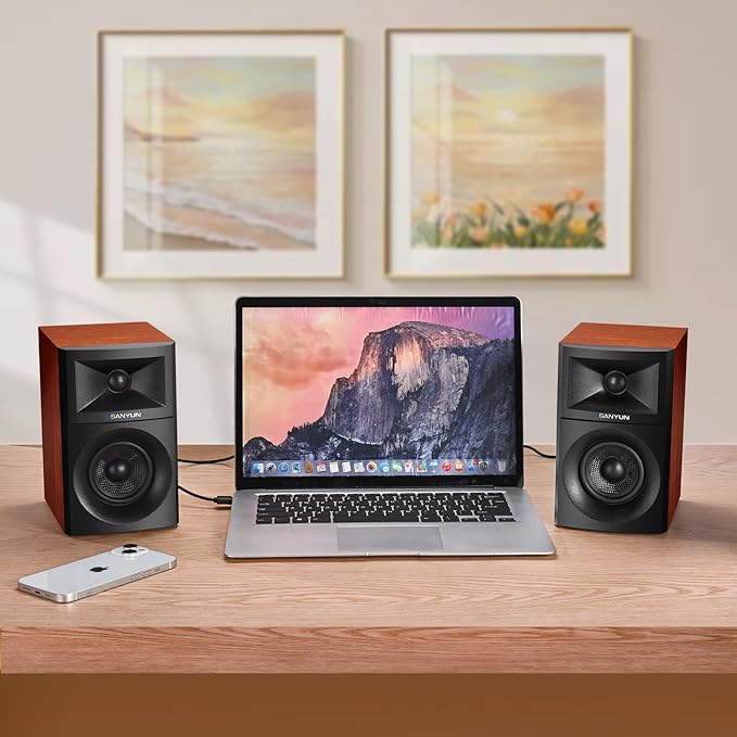 Sanyun SW203 4.0 Computer Speakers - 60W 4-Way DSP Control 3D Immersive Sound - 3" Carbon Fiber Woofer & 20mm Silk Dome Tweeter - 24bit DAC USB/Bluetooth 5.4/AUX - Studio-Grade Audio (Pair, Red)